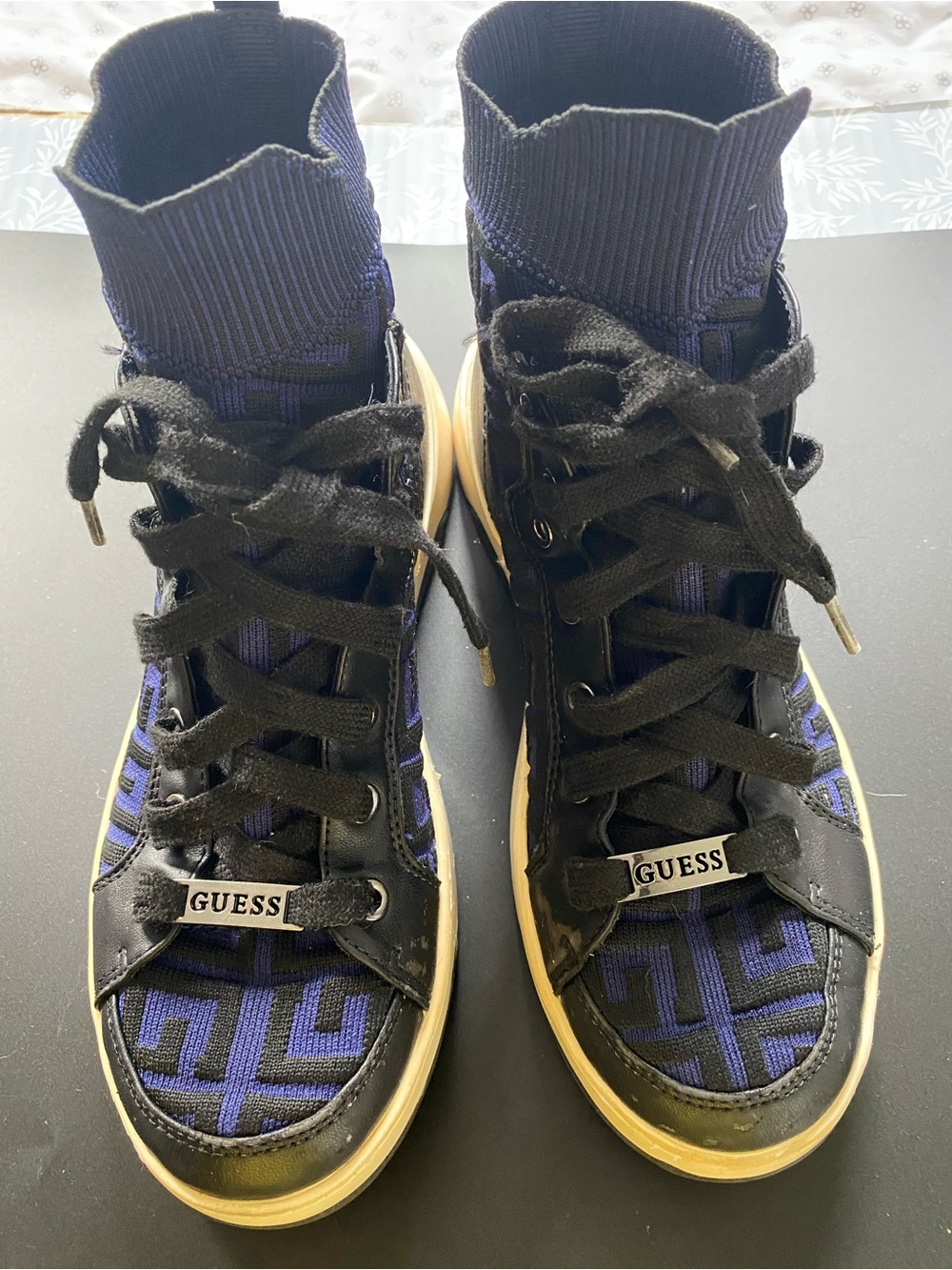 GUESS Kids Blue and Black High-Top Logo Knit Sneakers